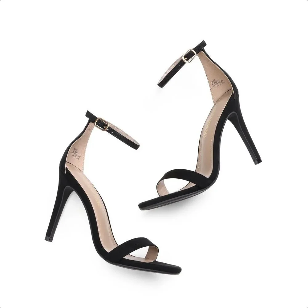 Women's Black-Nubuck Flower Ankle Strap Stiletto Round Open Toe Stylish Heel